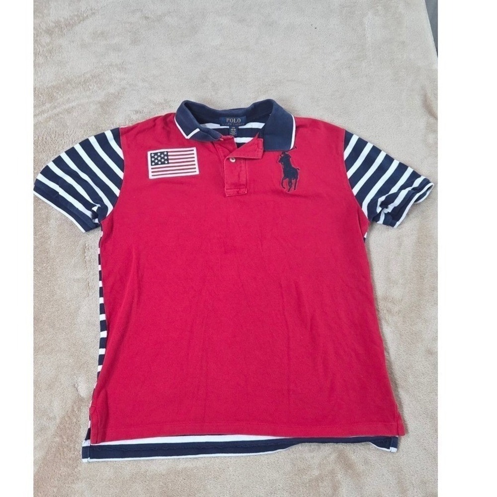 Polo Ralph Lauren Big Pony American Flag Polo Shirt Boys L 14-16 Red Blue Stripe
